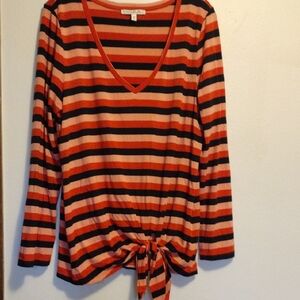 Express Orange and Black Long Sleeve Tie Front Blouse